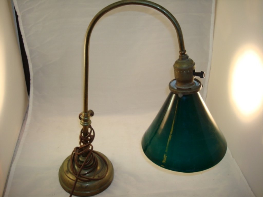 Brass Goose Neck Desk/Piano Lamp Green: Brass Goose Neck Desk/Piano Lamp - green case glass