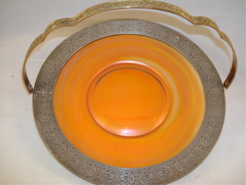 EtchArt 1924 Bernard Rice & Sons Carnival Plate: EtchArt 1924 Bernard Rice & Sons Orange Carnival Glass Plate with Handle - 9.5"# 2669 -very nice condition no chips