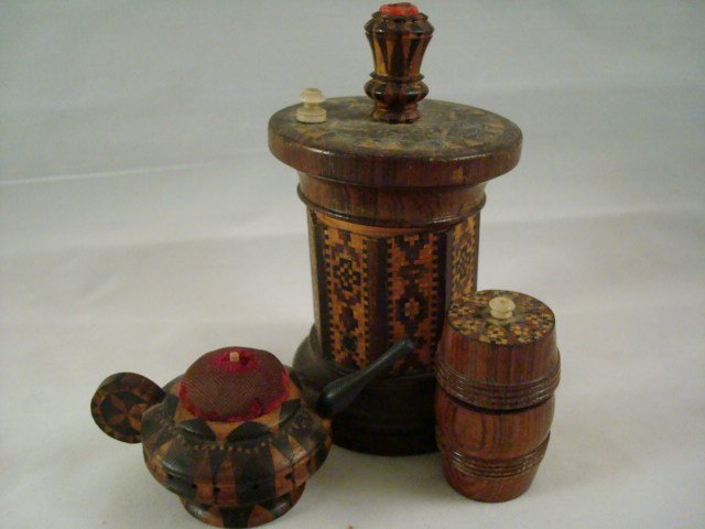 3pc Treenware Sewing Lot: 3pc Treenware Sewing Lot - includes teapot pin cushion, thread holder, thimble holder - very intricate designs