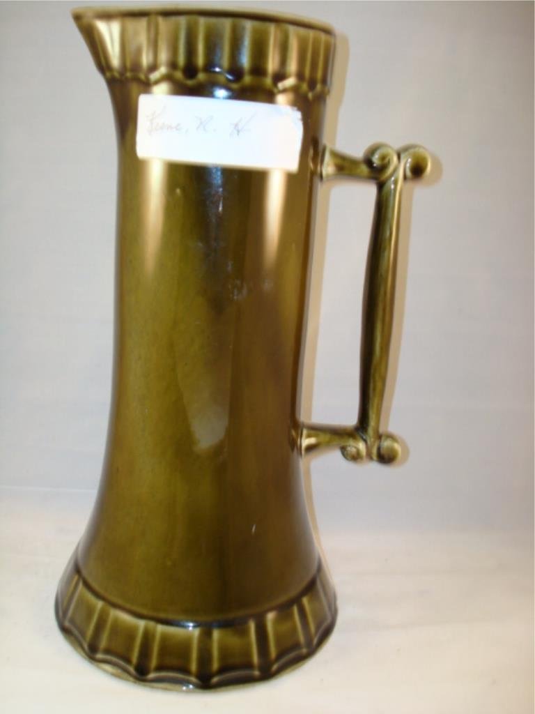 Hampshire Pottery Lemonade Jug 11.5" Green: Hampshire Pottery Lemonade Jug is 11.5" tall and dark Green. signed JST & Co Keene NH - James Scollay Taft - created between 1871-1916