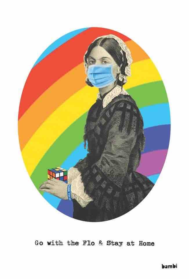 Bambi "Go With the Flo or Stay at home", 2020: 8 Color Silkscreen print onto Somerset 410gsm paper. 42 x 28.5 cm - Limited Edition of 30. Signed, numbered and Embossed. The work features Florence Nightingale, British Founder of modern nursing, rel