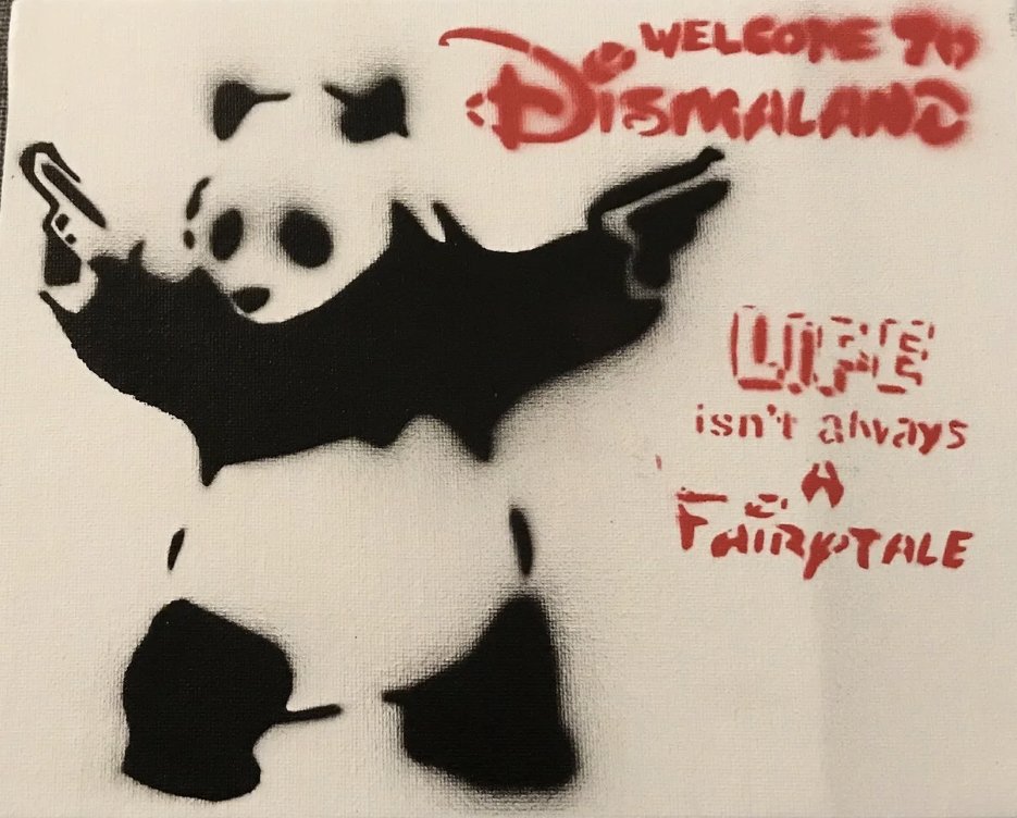 Banksy DIsmaland Panda- All Thats Missing is a Frame: Banksy Dismaland Spray Paint. It is marked on the back with WSM 2015- All Thats Missing is a Frame. It measures 10 x 8 ". The art is in great condition. It does have some smudges/imperfections. Please