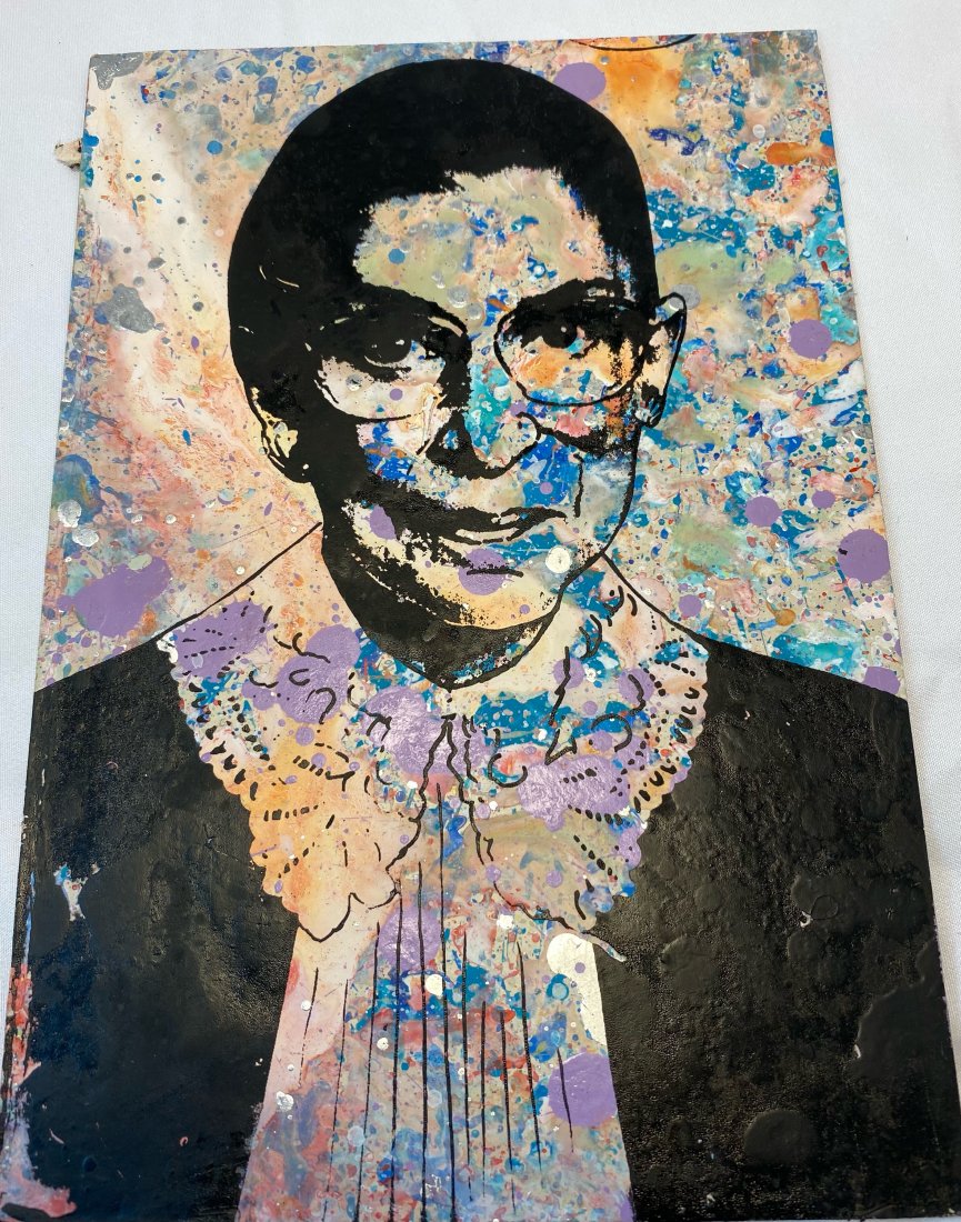 Ruth Bader Ginsburg - RBG- Mixed Media Screenprint: Ruth Bader Ginsburg - RBG- Mixed Media Screenprint on Heavyweight Paper. Artist: Bobby Hill. Size: Approximately 6"x9."