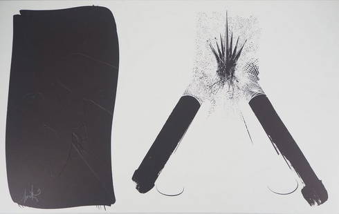RAYMOND MORETTI- HOMAGE À HARTUNG: Raymond Moretti - Hommage à Hartung Lithograph, embossing - Hand signed Tribute to Hans Hartung Original chromolithograph with embossing. Signed in pencil at bottom right. On 40 x 65 cm Arches wove p