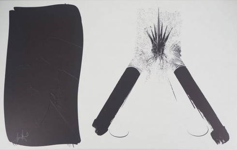 RAYMOND MORETTI- HOMAGE À HARTUNG: Raymond Moretti - Hommage à Hartung Lithograph, embossing - Hand signed Tribute to Hans Hartung Original chromolithograph with embossing. Signed in pencil at bottom right. On 40 x 65 cm Arches wove p