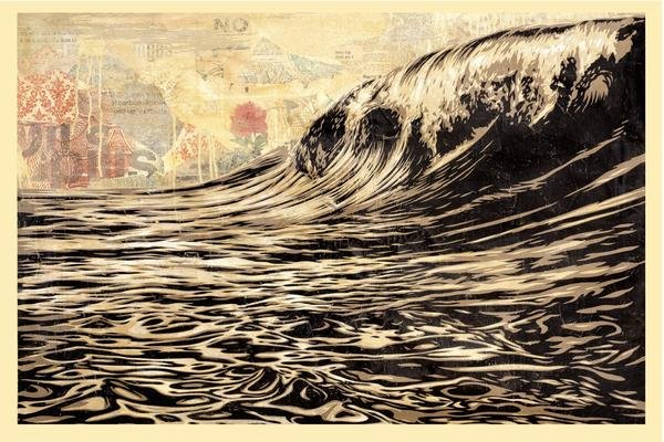 SHEPARD FAIREY - DARK WAVE - SIGNED: DARK WAVE SIGNED OFFSET LITHOGRAPH 24 x 36 inches. Offset Lithograph on thick cream Speckle Tone paper. Signed by Shepard Fairey. Note from Artist: I first illustrated the Dark Wave piece in 2010 as a