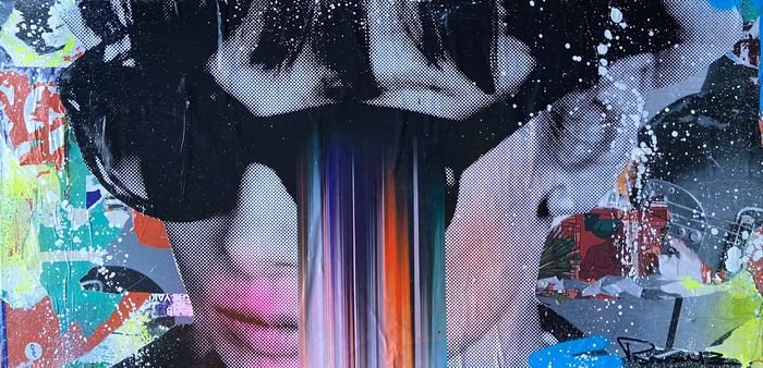 PADAME - SOFIA ONE - ORIGINAL CANVAS: Artist: Padame ONE - Sofia ONE Acrylic on canvas, Mixed media - Hand signed, Signed - 2020 Padame ONE - 2020 Original. 1/1. Collage, acrylic and spray paint on canvas. Hand signed on the back. Size: 5