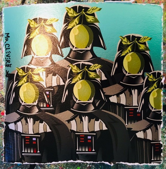 MR CLEVER - DARTH APPLE HEAD - METALLIC GREEN: Title: Darth Apple Head - Metallic Green Artist: MR CLEVER ART Size: APPROXIMATELY 6 x 6 INCHES WITH 4 ARTIST HAND DECKLED EDGES. Specs: METALLIC ARCHIVAL PIGMENT PRINT ON LUXURY RAG ARCHIVAL METALLIC