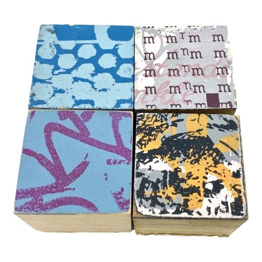 FAILE - ORIGINAL PIECES ON WOOD: FAILE Original Pieces On Wood. FAILE Original 2x2x2 Cubes (4 TOTAL). Acrylic paint and silkscreen on wood cubes. Printed and painted on one side of each cube as pictured. This piece was part of large