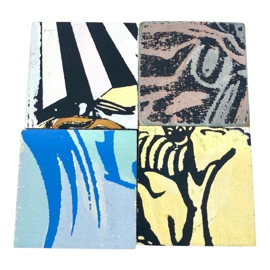 FAILE - ORIGINAL PIECES ON WOOD: FAILE Original Pieces On Wood. FAILE Original 2x2x2 Cubes (4 TOTAL). Acrylic paint and silkscreen on wood cubes. Printed and painted on one side of each cube as pictured. This piece was part of large