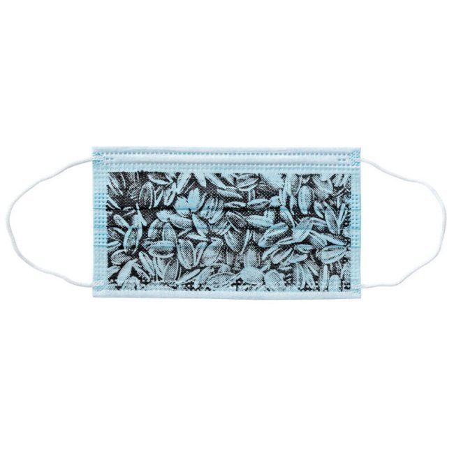 AI WEIWEI - SUNFLOWER SEED MASK: Artist: Ai Weiwei Sunflower Seed limited edition art. Year: 2020 Medium: Ink on polypropylene fabric. Measurement: Image: 10 x 17cm, overall width: 27cm. Made in the artists studio in Berlin, each wor