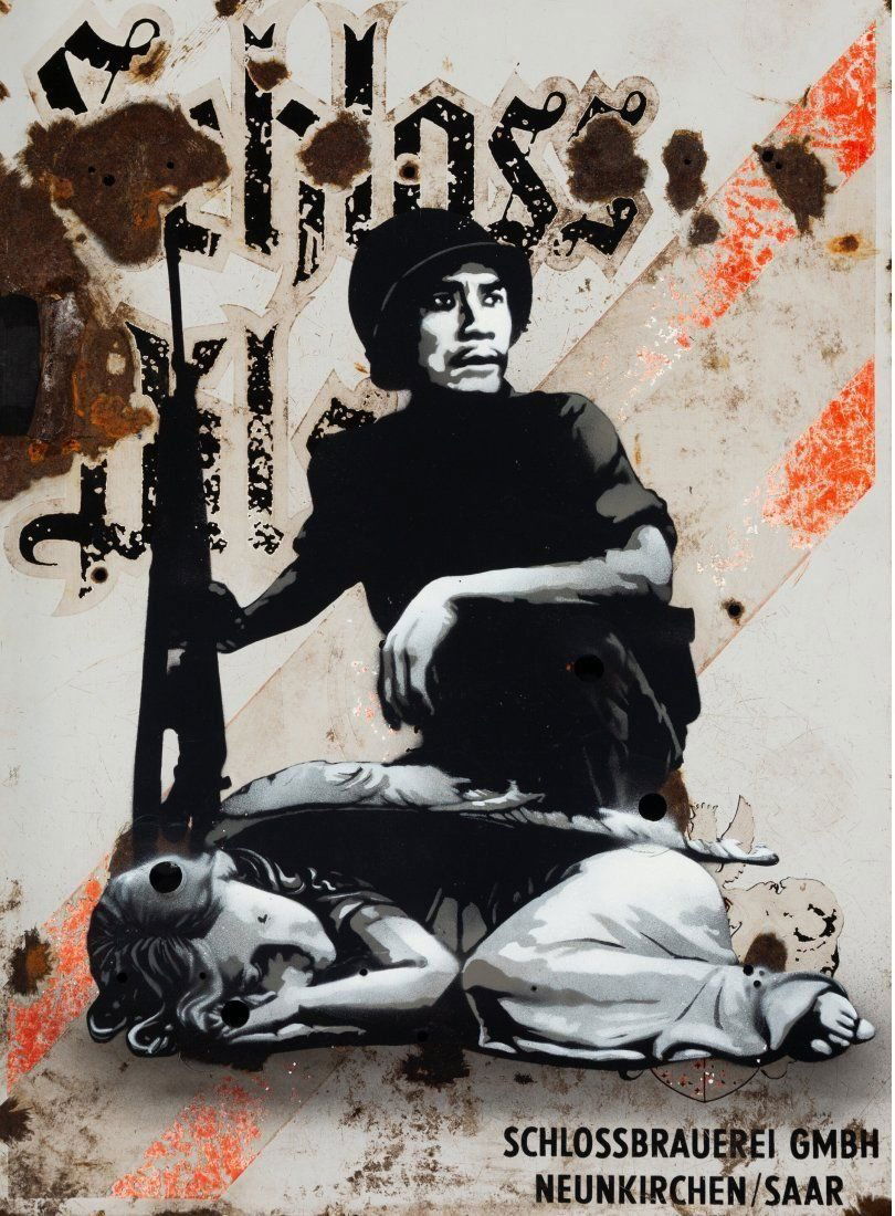 KUNSTRASEN - WAKE ME UP WHEN ITS OVER - ORIGINAL: Kunstrasen (20th century) Wake Me Up When Its All Over, early 21st century Ed. 1/1 Spray paint and acrylic on repurposed metal sign 21-1/4 x 15-1/4 inches (54 x 38.7 cm) Signed, numbered, and titled o