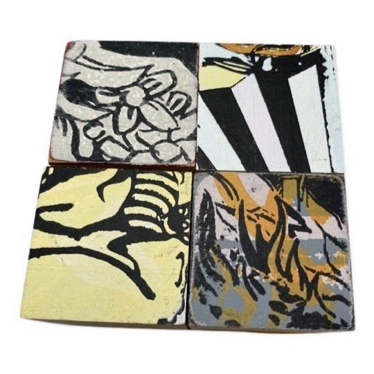 FAILE - FANTAISIE PRINT: FAILE - Blocks On Wood. Acrylic paint and silkscreen on wood cubes. Original. 2x2x2 Cubes (4 TOTAL). Printed and painted on one side of each cube as pictured. This piece was part of large artwork Towe