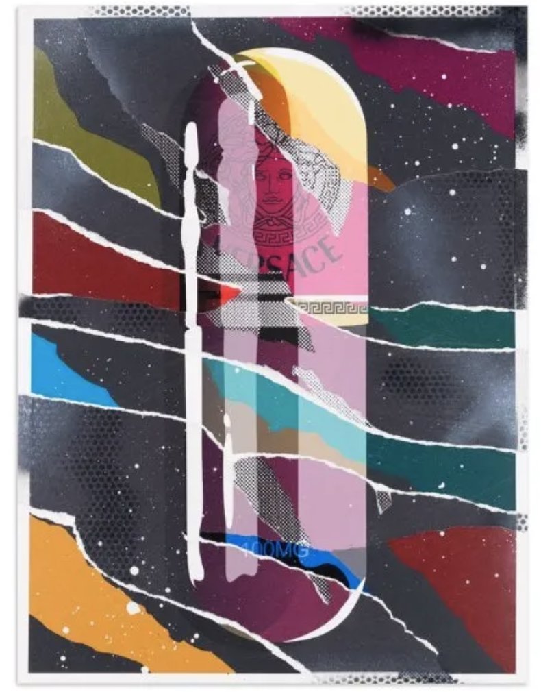 DENIAL - VERSACE DECYCLED: Artist: Denial Title: Versace Decycled Type: Archival Pigment Print with Collage, Aerosol, Pencil, and Varnish Embellishments Size: 17.8125 x 23.75 Inches Release: December 09, 2021 Run of: 15 Comes s