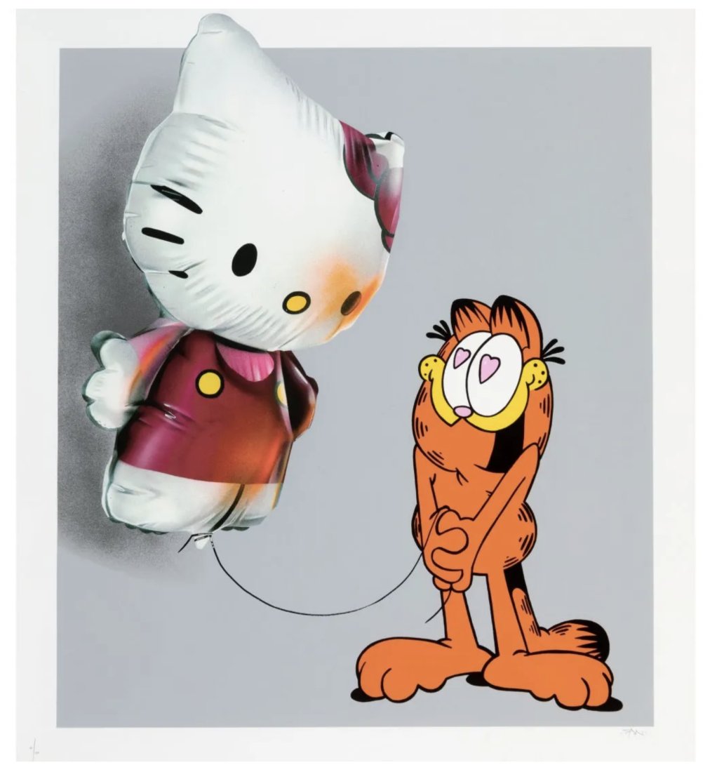 FANAKAPAN - HELLOOO KITTY - SCREENPRINT: Artist: Fanakapan (20th century) Title: Hellooo Kitty, 2020 Ed. 91/100 Screenprint in colors on Somerset Satin paper 32 x 28-1/2 inches (81.3 x 72.4 cm) (sheet) Features Garfield and Hello Kitty. Sign