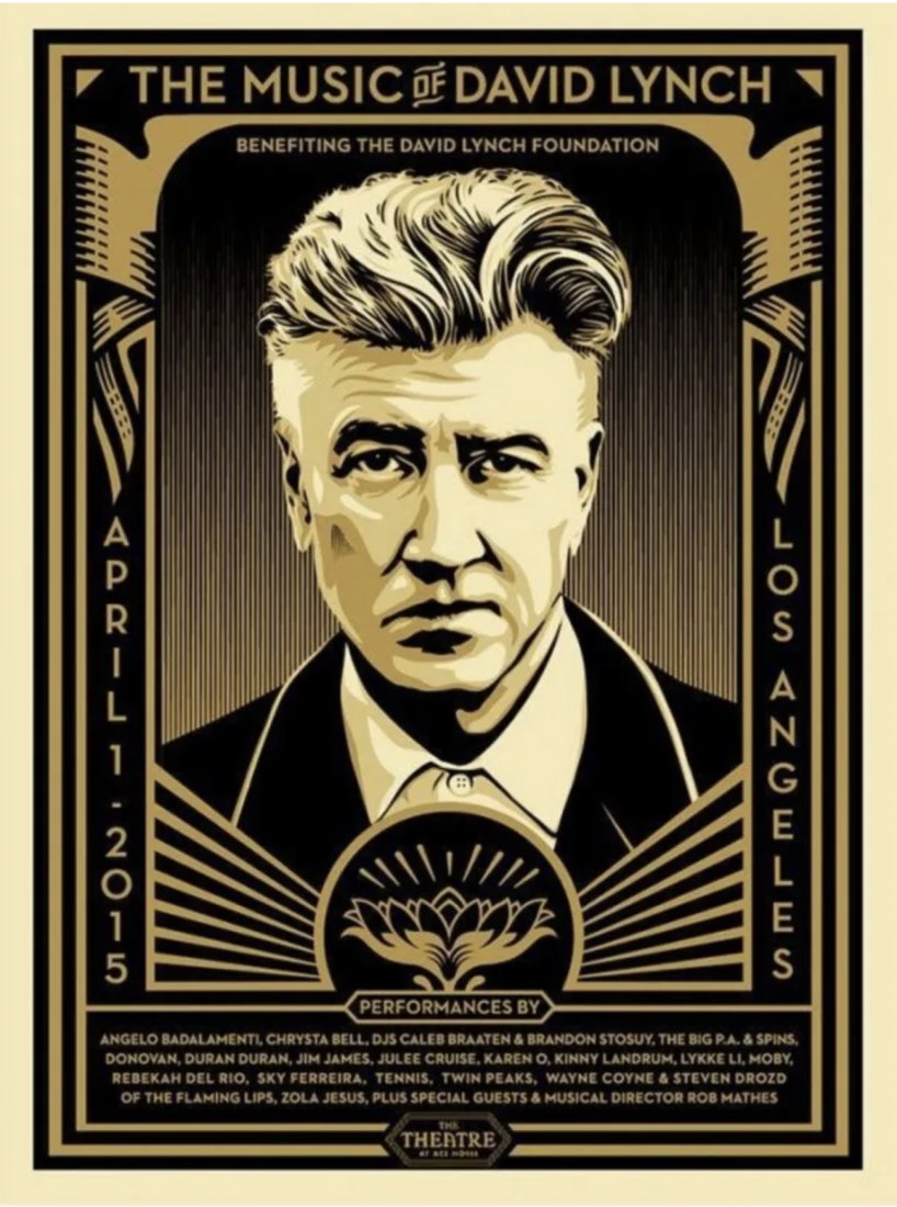 SHEPARD FAIREY - THE MUSIC OF DAVID LYNCH: Shepard Fairey - The Music Of David Lynch - 2015 Edition of 2100. Screenprint on cream paper. 18 x 24 inches Hand Signed and numbered by Shepard Fairey. July 1, 2015. About the art: Im a big fan of Da
