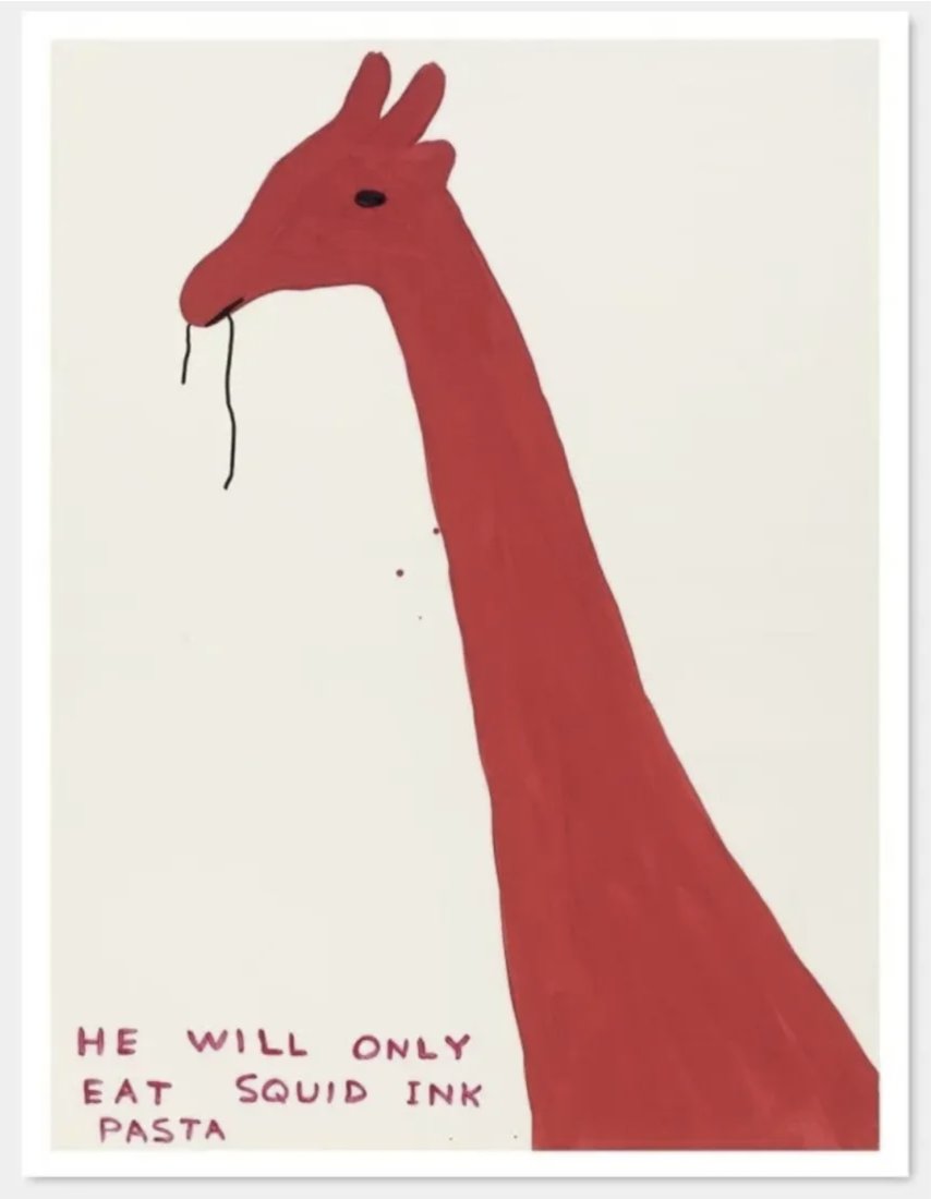 DAVID SHRIGLEY - HE WILL ONLY EAT SQUID INK PASTA: David Shrigley (British 1968-), He Will Only Eat Squid Ink Pasta, 2021, offset lithograph in colors on 200g Munken Lynx paper, from an open edition; sheet: 80 x 60cm. David Shrigleys drawings, paintin