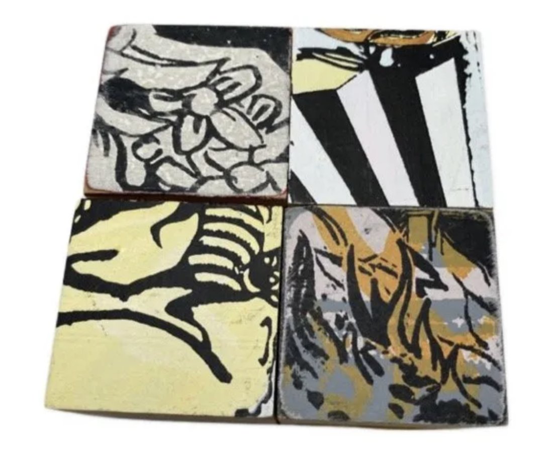 FAILE - ORIGINAL PIECES ON WOOD: FAILE Original Pieces On Wood. Original 2x2x2 Cubes (4 TOTAL). Acrylic paint and silkscreen on wood cubes. Printed and painted on one side of each cube as pictured. This piece was part of large artwor