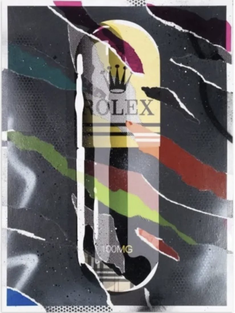 DENIAL - ROLEX DECYCLED - HAND SPRAYED UNIQUE: Artist: Denial Title: Rolex Decycled - Hand Sprayed Unique Type: Archival Pigment Print with Collage, Aerosol, Pencil, and Varnish Embellishments Size: 17.8125 x 23.75 Inches Run of: 8 Comes signed by
