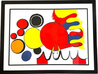 ALEXANDER CALDER - TAUREAU AVEC SPIRALE ROUGE - FRAMED: Alexander Calder - Taureau Avec Spirale Rouge (1975)Ed. of 75.Lithograph, 1975. 21.5 x 30.5 in.Provenance Modern Masters Fine Art gallery.Professionally framed. Alexander Calder is perhaps best known