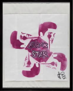 PURE EVIL - BLACK STAR - ORIGINAL: Pure Evil (b. 1968) Black Star, early 21st century Stencil, acrylic, and ink on paper collage Original. 21-1/4 x 20-1/4 inches (54 x 51.4 cm) (sheet) Signed lower right: Was made personally for Rachel