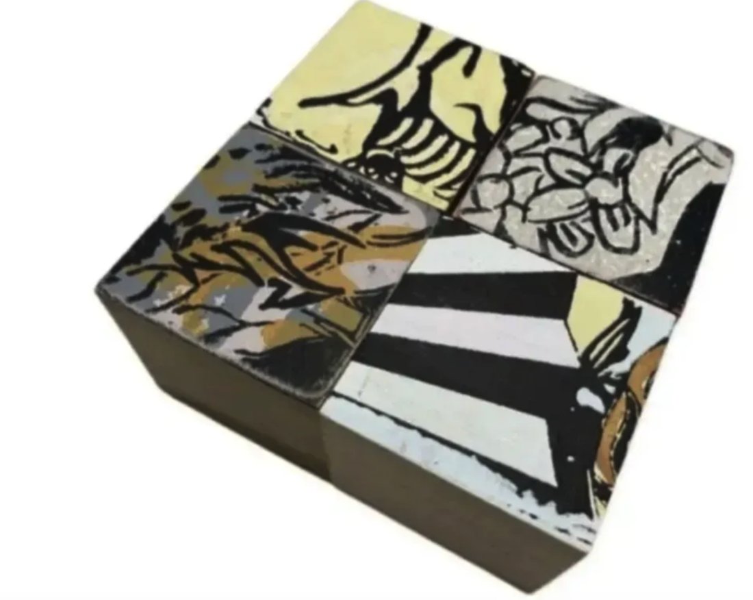 FAILE - ORIGINAL PIECES ON WOOD: FAILE Original Pieces On Wood. Original 2x2x2 Cubes (4 TOTAL). Acrylic paint and silkscreen on wood cubes. Printed and painted on one side of each cube as pictured. This piece was part of large artwor