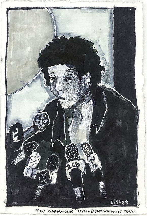ANTHONY LISTER - BOB DYLAN ORIGINAL DRAWING: Artist: Anthony Lister Title: Bob Dylan (Original Drawing) (Drawn from a photograph at Brett Whitely's Studio) Ink and white-out 280 gsm Stonehenge paper. 11 x 4.4 inches. Who is Anthony Lister? Antho