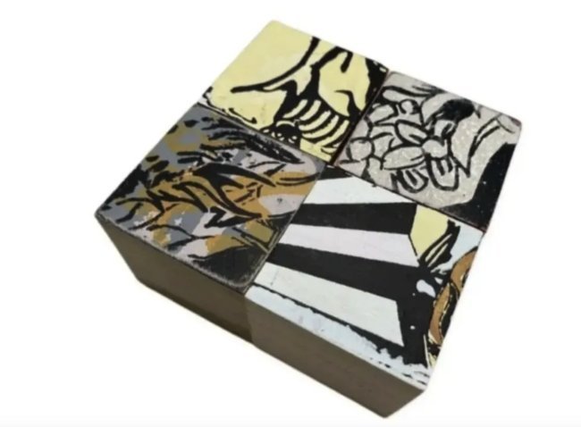 FAILE - ORIGINAL PIECES ON WOOD: FAILE Original Pieces On Wood. Original 2x2x2 Cubes (4 TOTAL). Acrylic paint and silkscreen on wood cubes. Printed and painted on one side of each cube as pictured. This piece was part of large artwor