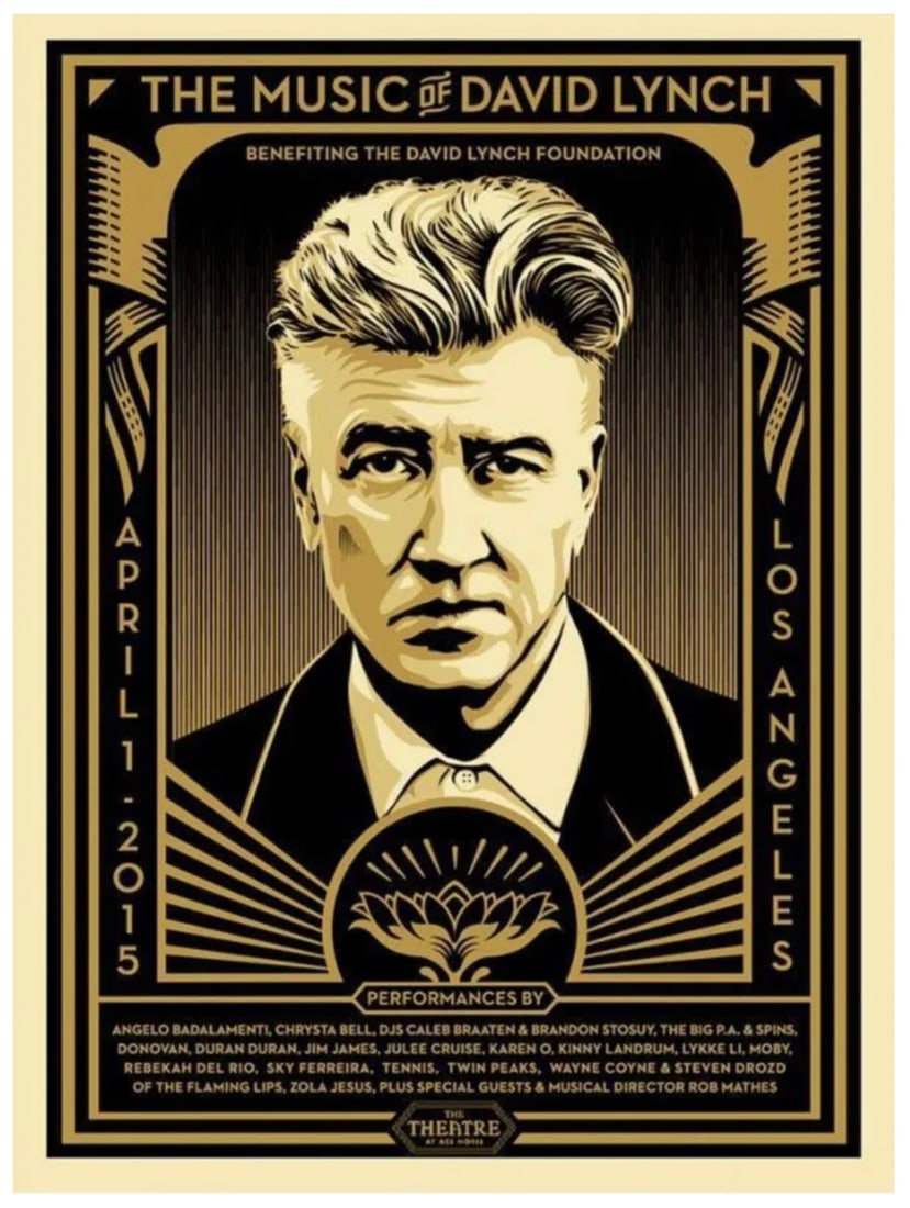 SHEPARD FAIREY - THE MUSIC OF DAVID LYNCH: Shepard Fairey - The Music Of David Lynch - 2015 Edition of 2100. Screenprint on cream paper. 18 x 24 inches Hand Signed and numbered by Shepard Fairey. July 1, 2015. About the art: Im a big fan of Da