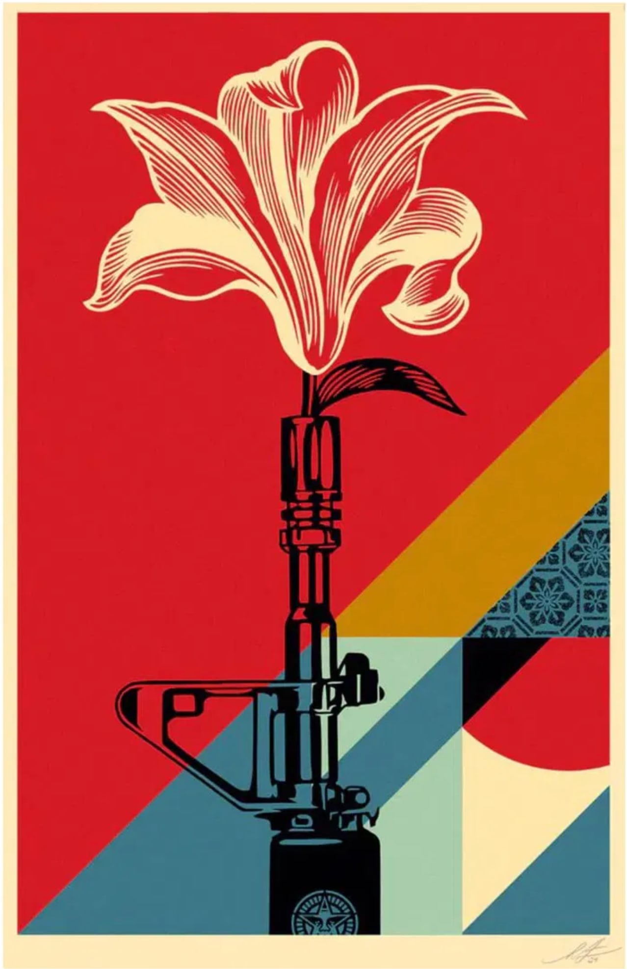 SHEPARD FAIREY - AK-47 LILY OFFSET: Artist: Shepard Fairey Title: Make Art Not War Silkscreen/Serigraph - Signed 61 x 91 cm (24 x 36 inch) offset print on cream Speckle Tone paper. Signed & Dated by Shepard Fairey. Expanding on the lega