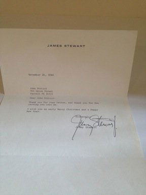 James Stewart Autographed Letter/ Original Strizzi Art: This lot contains a James Stewart signed letter dated November 26, 1984 written to John Strizzi in regards to a portrait drawing the artist personally did for Mr. Stewart. Also included is the origina