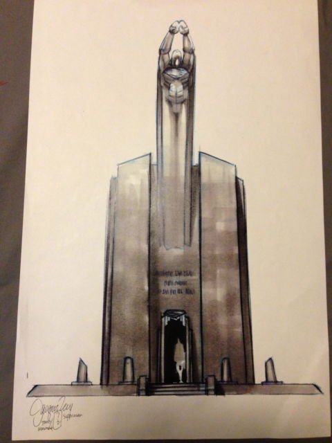 Superman Sketch From the Never Produced Tim Burton Film: Tim Burton's never produced "Superman Lives" original production art painting. Tim Burton was set to direct the film, but it was never completed. This is a rare original color production drawing of "S