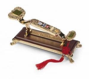 Chinese Ruyi Scepter: A Ceremonial China Ruyi (Scepter) celebrating four events of the new millennium: WTO Acceptance, China World Cup Participation, APEC, and bid for the Olympic Games. The four medals embedded on the Ruy