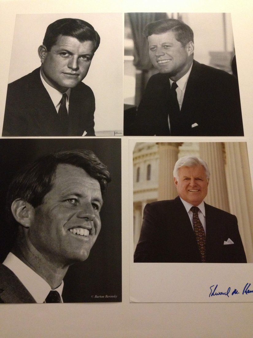 KENNEDY BROTHERS WITH JFK PHOTOS WITH AUTOGRAPH: This is a group of (4) photos featuring images of the three of the late Kennedy brothers. The photos include John, Robert, and Edward Kennedy. The first one is a b&w photo of John F. Kennedy taken dur