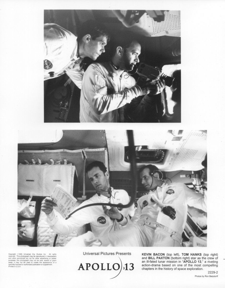 Production Stills from Apollo 13: (5) 8 x 10 black and white production stills from Apollo 13 (1995). Starring Tom Hanks, Bill Paxton and Kevin Bacon.
