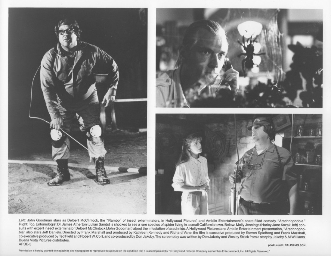 Production Stills from Arachnophobia: (3) 8 x 10 black and white production stills from Arachnophobia (1990). Starring Julian Sands, Harley Jane Kozak, Jeff Daniels and John Goodman