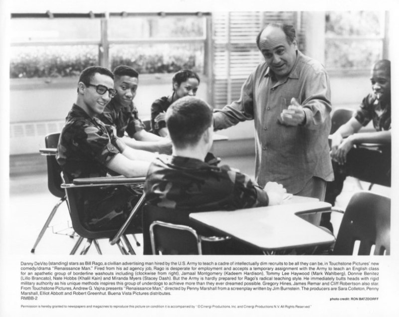 Production Stills from Renaissance Man: (7) 8x10 black and white production still from Renaissance Man (1994). Starring Danny DeVito, Gregory Hines, James Remar