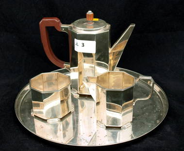 Art Deco Tea Set: Superb Hallmarked Sterling Silver Art Deco 4 Piece Teaset, dated Birmingham 1937. Total weight approx 1191 grams, tray 25cm, teapot 15cm tall. Consisting of Teapot, Sugar, Creamer and Tray.