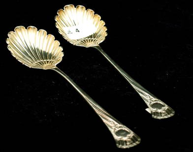 Pair Shell Spoons: Pair of Superb Hallmarked Sterling Silver Shell Pattern Spoons, dated Sheffield 1899. Length 22cm each. TW 255 grams approximately.