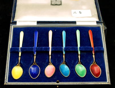 Boxed Spoons: Boxed Set of Hallmarked Sterling Silver Gilded Spoons with Enamel coloured decoration from Harrids London. Birmingham 1964. Spoon weight approx 57 grams (total).