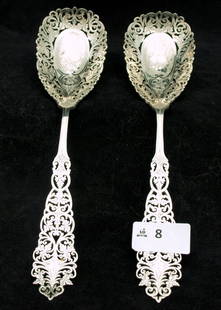 Pair Etched Spoons: Pair Superb Ornate Etched Serving Spoons, Hallmarked Sterling Silver Sheffield 1936. Approx weight 147 grams, length 25cm.