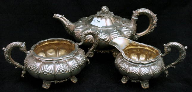 3 Piece Tea Set: Quality Etched 3 Piece Hallmarked Sterling Silver Tea Service, comprising Teapot, Sugar and Creamer. London 1810. Total Weight 1300 grams approx.