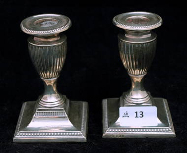 Pair Candlesticks: Pair of Hallmarked Sterling Silver Candlesticks, wax filled, 12cm x 7 cm, Sheffield 1924