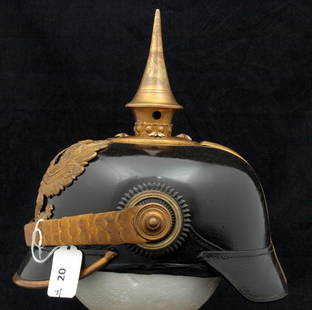 WWI Helmet: World War One Imperial German Officer's Pickelhaube. Very good condition having no crushing or damage to the black leather of the helmet. Display stand not included.