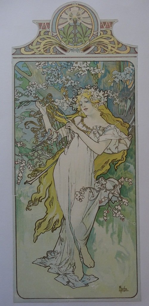 MUCHA Alphonse : Spring & summer # 2 LITHOGRAPHS: TITLE : Spring & Summer MEDIUM : Lithograph PAPER : thin paper lined on canvas SIZE : each 6 x 14" (the image only) SIGNATURE : Plate signed INFORMATION : old and unknown edition that seems to be anci