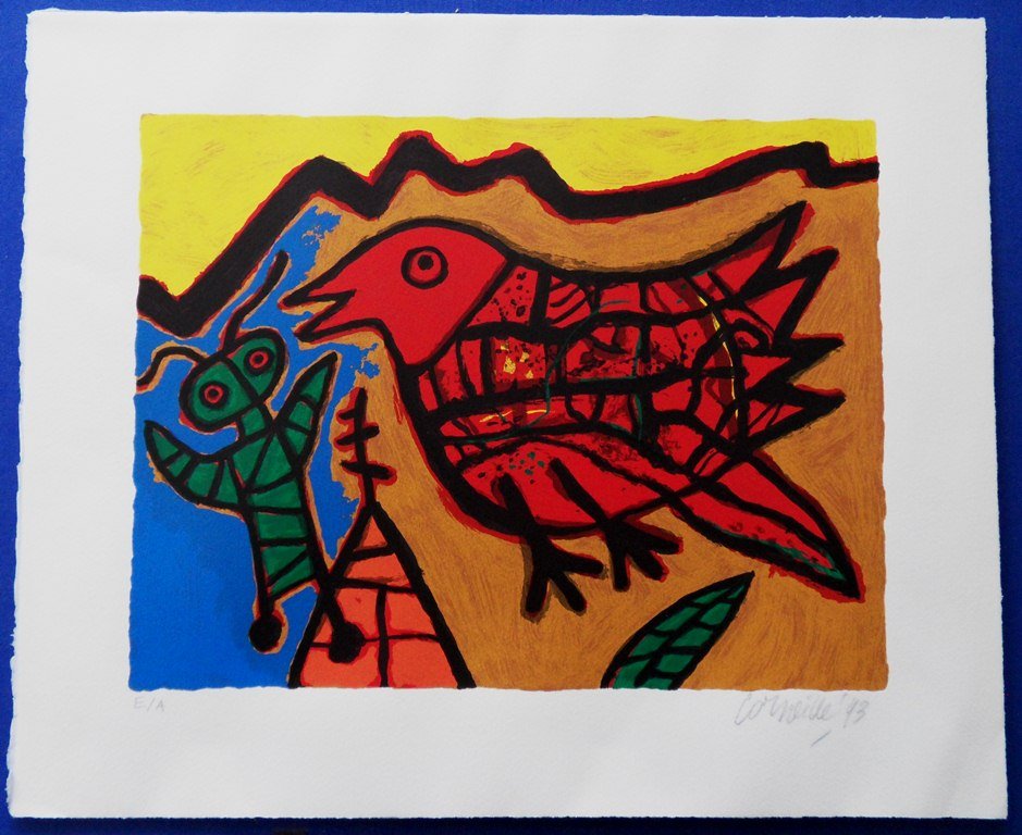 CORNEILLE Guillaume : "Bird & Insect" - LITHOGRAPH: TITLE : Bird & green insect MEDIUM : Stone lithograph SIGNATURE : Handsigned in pencil bottom right LIMITED : Here an Artist Proof SIZE : 15 x 18" PAPER : Vellum CO