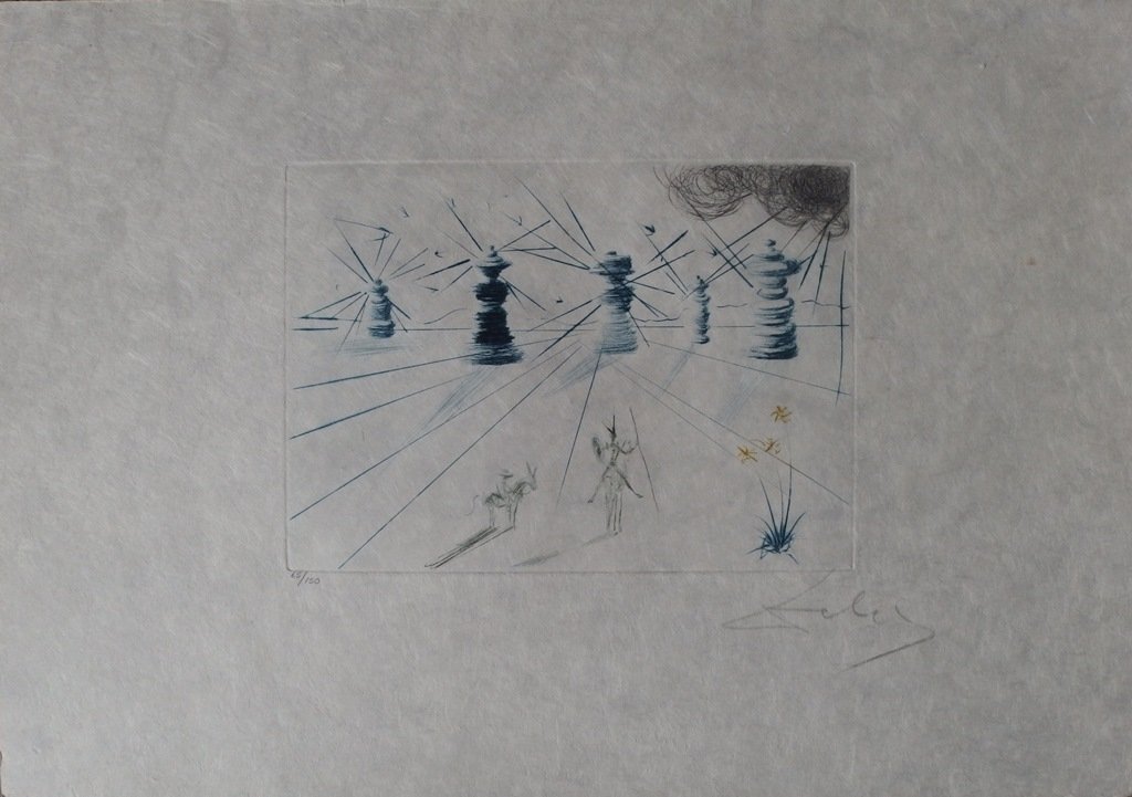 DALI Salvador : Don Quichotte and the Windmills -: ARTIST : Salvador DALI TITLE : Don Quichotte and the Windmills MEDIUM : Etching in color SIGNATURE : Handsigned in pencil LIMITED : 150 copies on Japan paper YEAR : 1969 PAPER : Japan paper SIZE