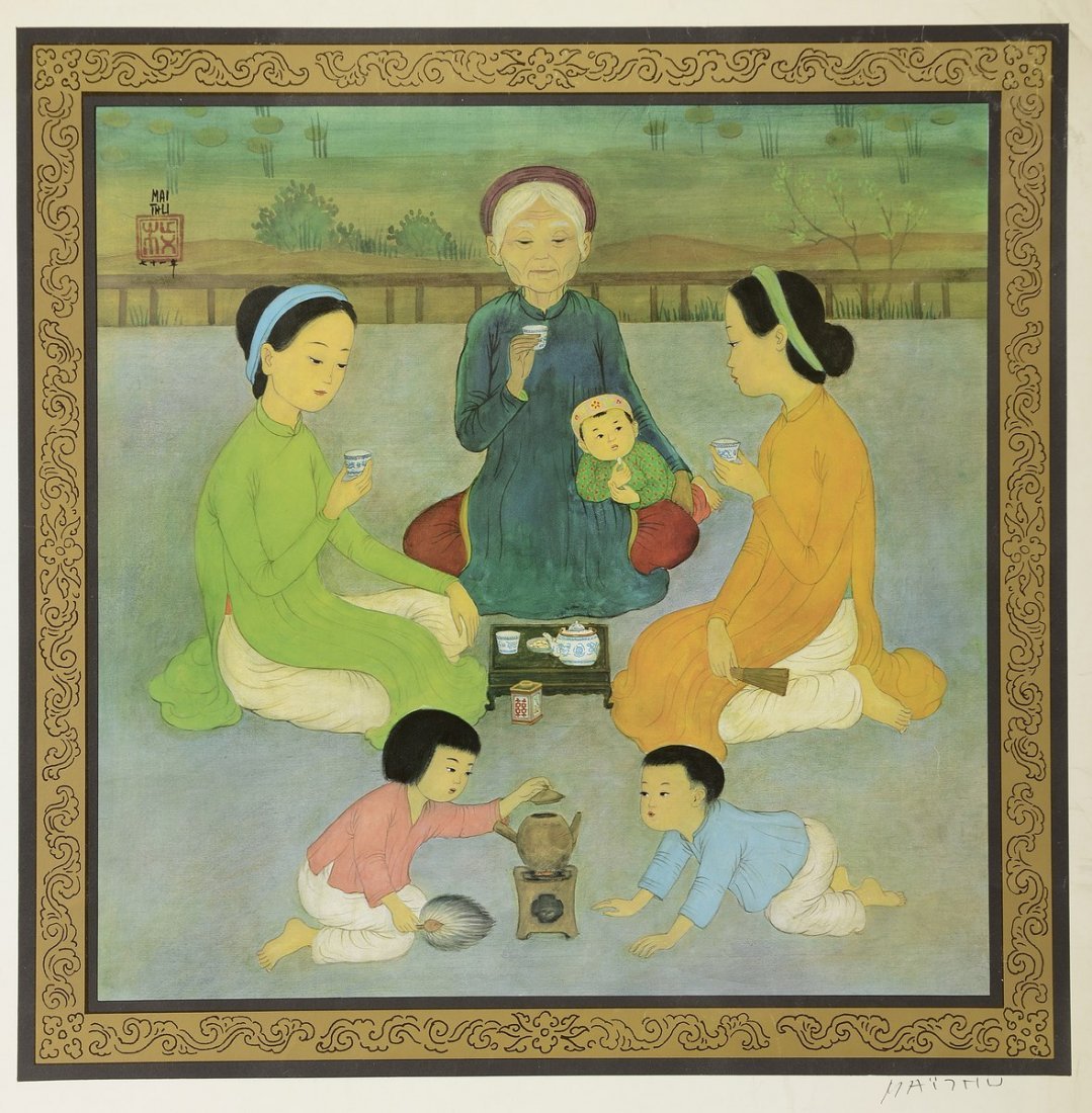 MAI THU : Tea Time - HANDSIGNED serigraph: ARTISTE : MAI THU TITLE : Tea Time MEDIUM : Serigraph SIGNATURE : Handsigned LIMITED : 450 copies PAPER : Light vellum SIZE : 27 x 23" CONDITION : Very good