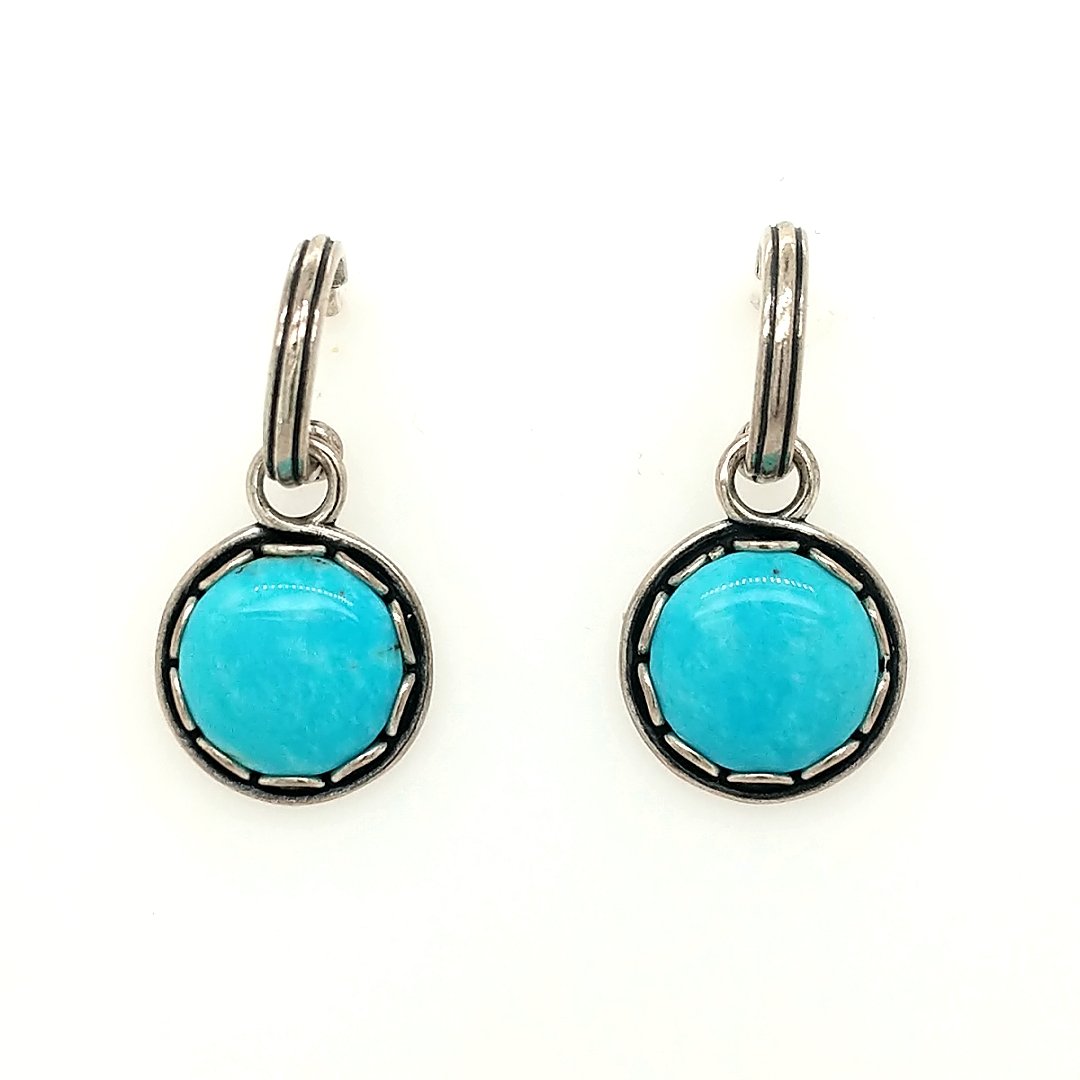 A Pair of Turqoiuse Earrings: crafted in Sterling Silver featuring (2) round turquoise measuring 11.6mm. Size: 1.5" from top to bottom Weight: 6.2 grams
