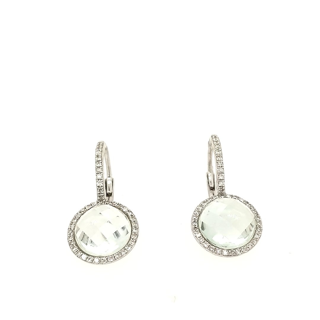 A Pair of Green Amethyst & Diamond earrrings: Crafted in 14k white gold featuring (2) round green amethyst weighing 4.04cttw and (82) round diamonds weighing approxiamtely .24cttw. Size: 1" from top to bottom Weight: 1.9dwt
